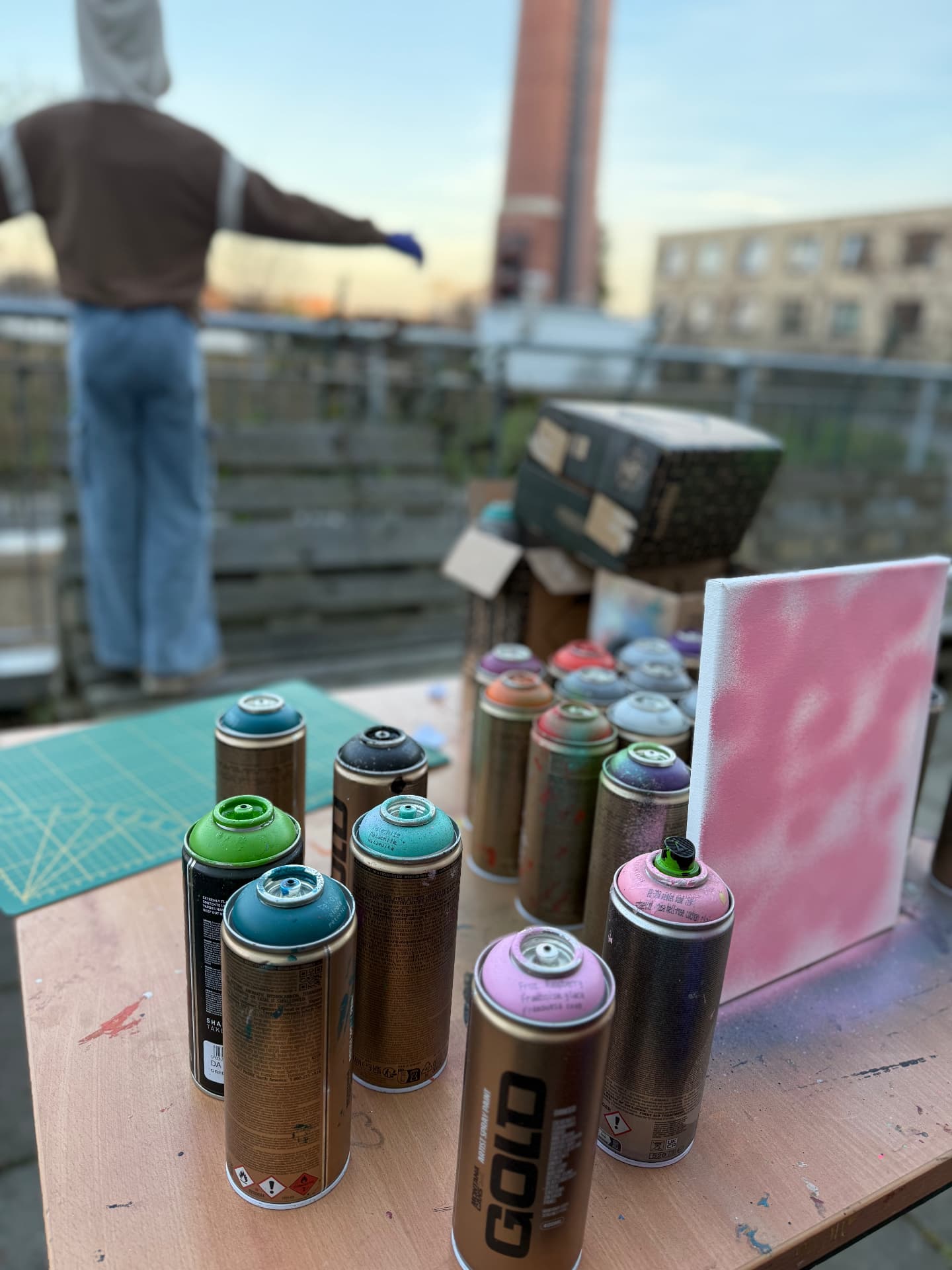 Spraydosen und Leinwand beim Outdoor-Workshop